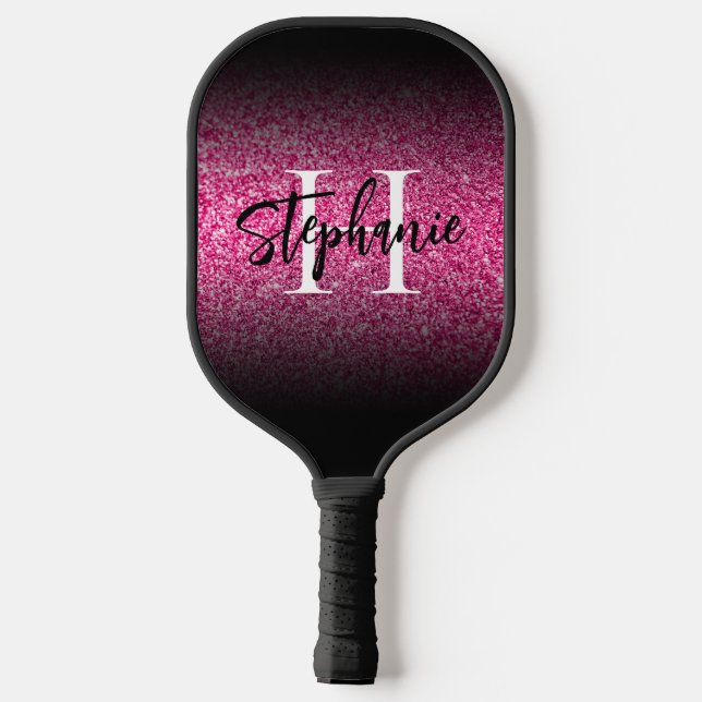 Hot Pink Glitzern Black Edge Ombre Mit Monogramm Pickleball Schläger (Rückseite)