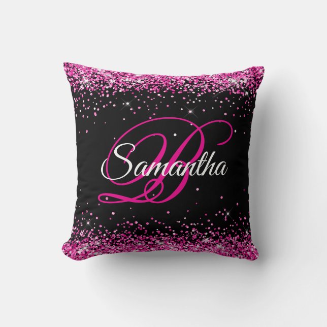 Hot Pink Glitzern Black Extravagant Monogram Kissen (Vorderseite)