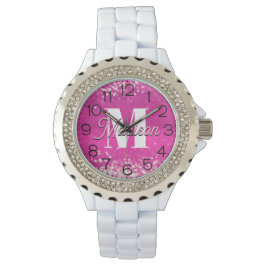 Hot Pink Glitzern Bokeh Monogram Armbanduhr