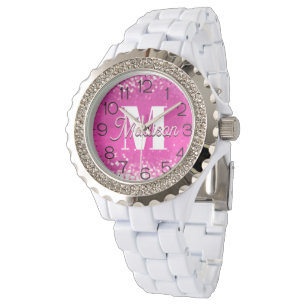 Hot Pink Glitzern Bokeh Monogram Armbanduhr