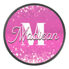 Hot Pink Glitzern Bokeh Monogram Eishockey Puck