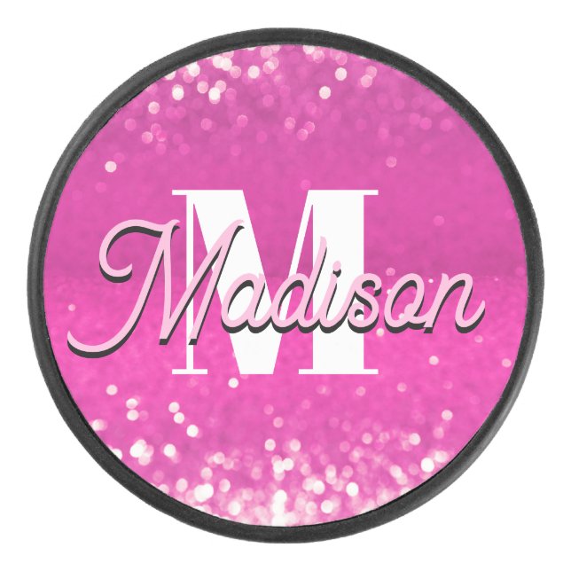Hot Pink Glitzern Bokeh Monogram Eishockey Puck (Vorderseite)