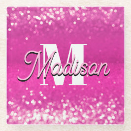 Hot Pink Glitzern Bokeh Monogram Glasuntersetzer