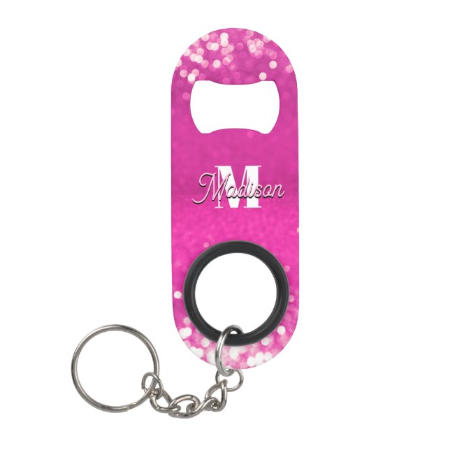 Hot Pink Glitzern Bokeh Monogram Mini Flaschenöffner (Vorderseite)
