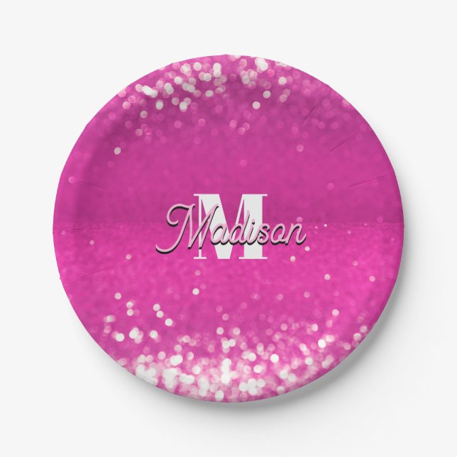 Hot Pink Glitzern Bokeh Monogram Pappteller (Vorderseite)