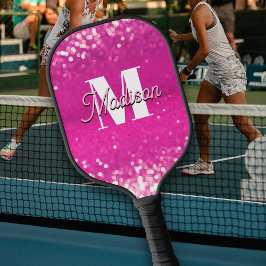 Hot Pink Glitzern Bokeh Monogram Pickleball Schläger