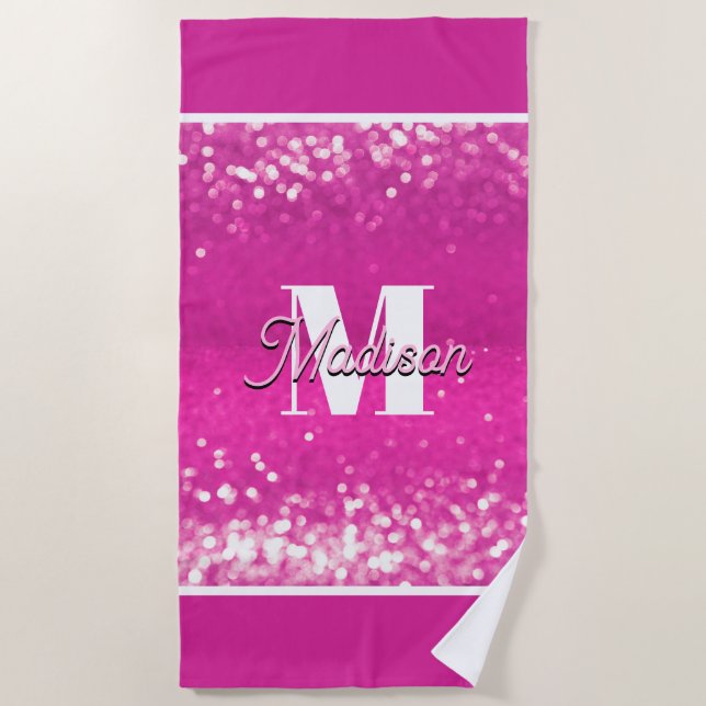 Hot Pink Glitzern Bokeh Monogram Strandtuch (Vorderseite)