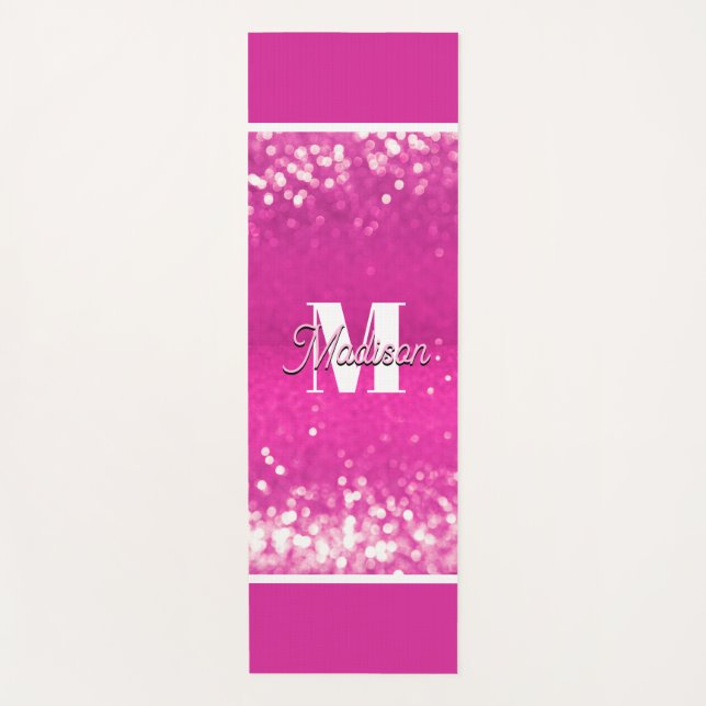 Hot Pink Glitzern Bokeh Monogram Yogamatte (Vorderseite)