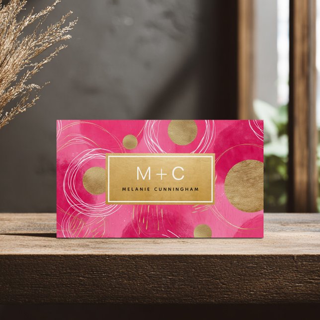 Hot Pink Gold Abstract Monogram Business Cards (Von Creator hochgeladen)