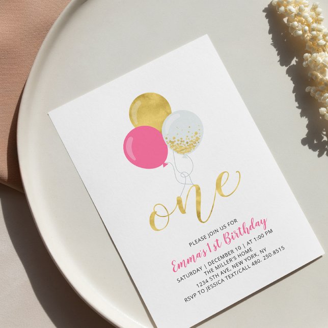 Hot Pink & Gold Ballons 1. Girl Birthday Party Einladung (Von Creator hochgeladen)