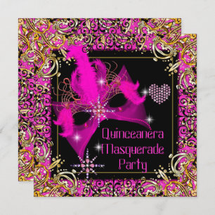 Hot Pink Gold Black Masquera Quinceanera Party Einladung