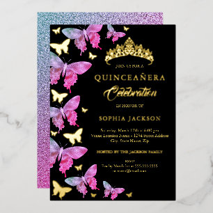 Hot Pink Gold Blue Butterfly Quinceanera Folieneinladung