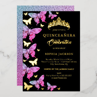Hot Pink Gold Blue Butterfly Quinceanera Folieneinladung
