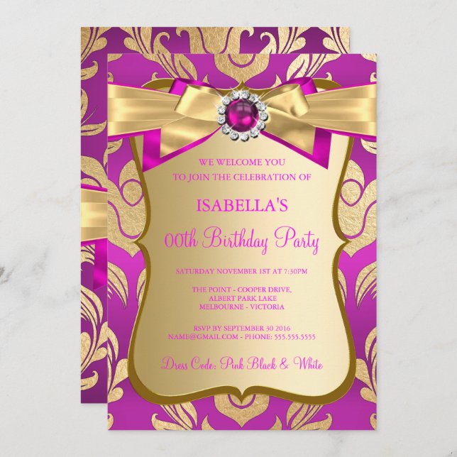 Hot Pink Gold Damask Birthday Party Einladung (Vorne/Hinten)