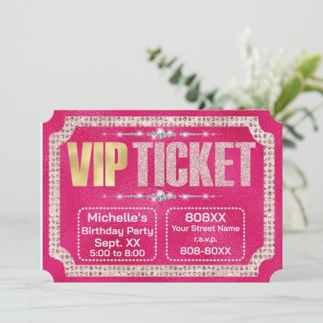 Hot Pink & Gold Diamonds und Glitzer Ticket Einladung (Stehend Vorderseite)