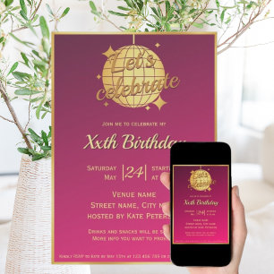 Hot-Pink-Gold-Diskothek Geburtstagsparty Einladung