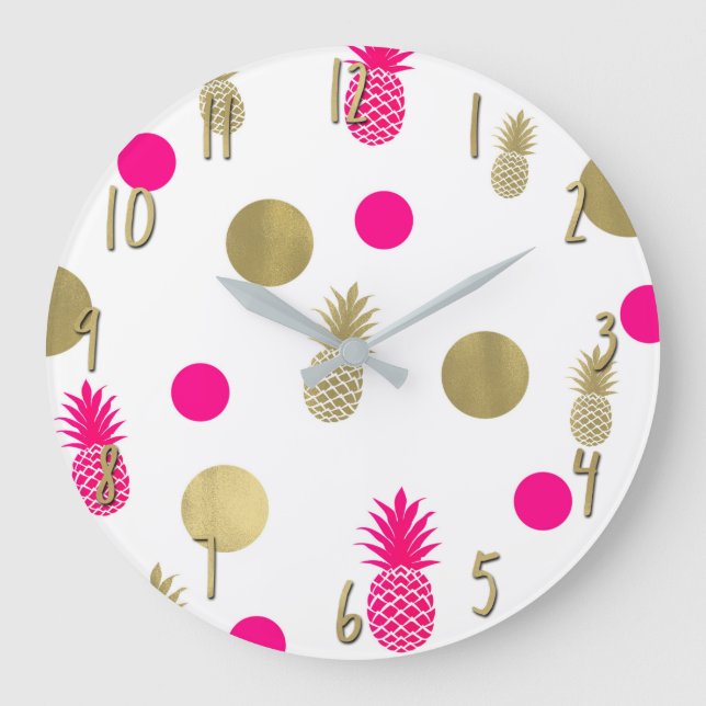 Hot Pink & Gold Dots & Pineapples Fun Summer Chic Große Wanduhr (Vorderseite)