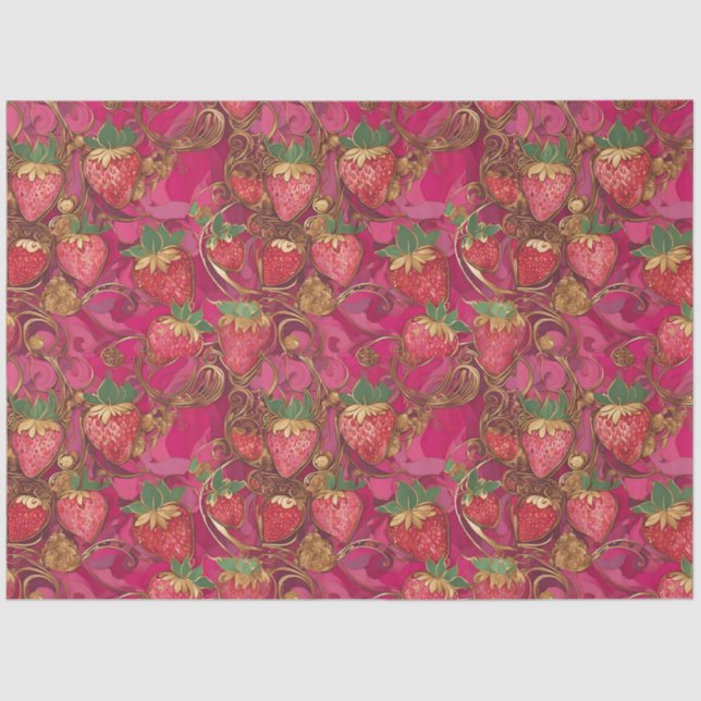 Hot Pink Gold Erdbeere Weinmuster Seidenpapier (Vorderseite)