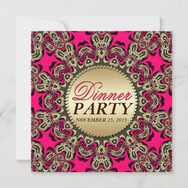 Hot Pink Gold Exotic Dekorative Abendessen Party Einladung (Vorderseite)