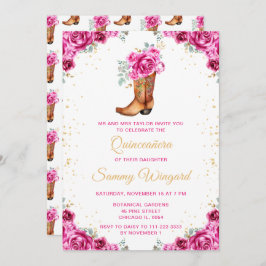 Hot Pink Gold Floral Cowboy Boot Quinceañera Einladung