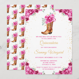Hot Pink Gold Floral Cowboy Boot Quinceañera Einladung