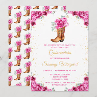 Hot Pink Gold Floral Cowboy Boot Quinceañera Einladung