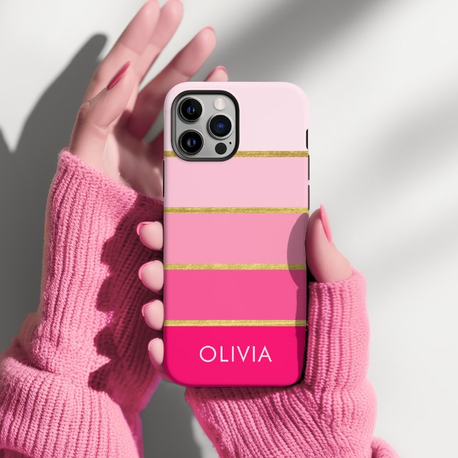 Hot Pink & Gold Girls Personalisiert Case-Mate iPhone Hülle (Personalized pink an gold stripe phone case)