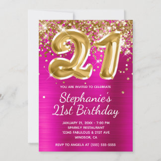 Hot Pink Gold Glitzer Foil Ballon 21. Geburtstag Einladung