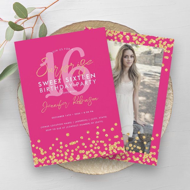 Hot Pink Gold Glitzer Foto Überraschung Sweet 16 Einladung (Hot Pink Gold Glitter Photo Surprise Sweet 16 Invitation)