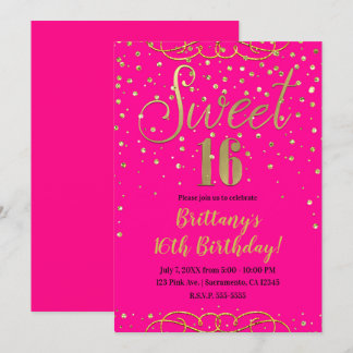 Hot Pink & Gold Glitzer Moderner Sweet 16 Party Einladung