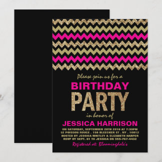 Hot Pink & Gold Glitzer Zickzack Geburtstagsparty Einladung