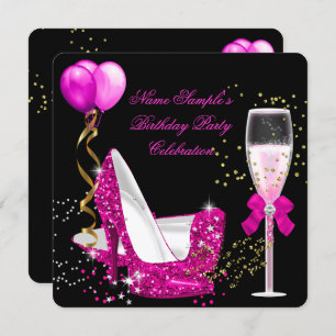 Hot Pink Gold Glitzern Black Birthday Party Einladung