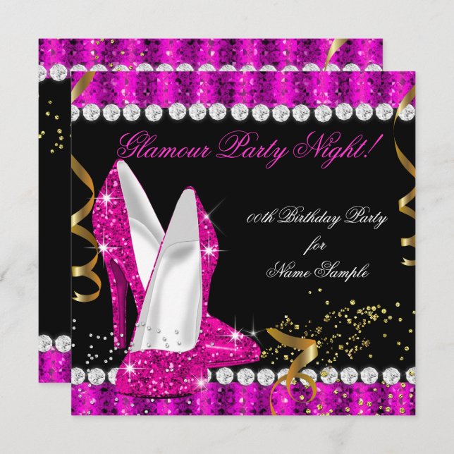 Hot Pink Gold Heelses Glitzer Glamour Party Einladung (Vorne/Hinten)