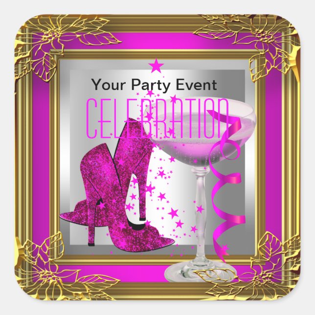 Hot Pink Gold High Heel Schuhe Champagner Quadratischer Aufkleber (Vorderseite)