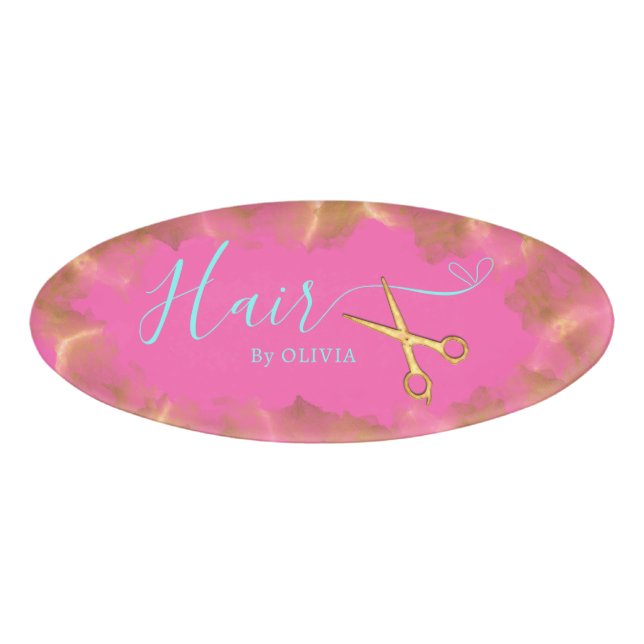 Hot Pink Gold Schere Frisur Schönheitssalon Namenschild (Vorderseite)