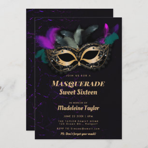 Hot Pink Gold Schwarze Masquerade Sweet 16 Party Einladung