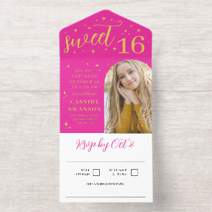 Hot Pink Gold Stars Fackeln Arch Foto Sweet 16 All-in-One-Einladung