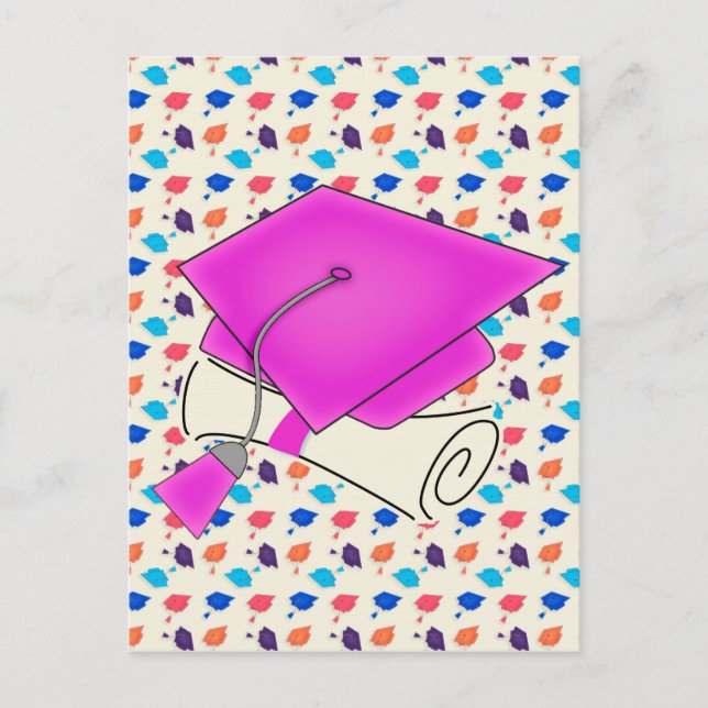 Hot Pink Graduation Cap and Diploma, farbenfrohe C Ankündigungspostkarte (Vorderseite)