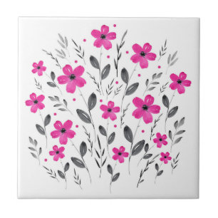 Hot Pink Grau Fünf-Petal-Aquarell Blumenmotiv Fliese