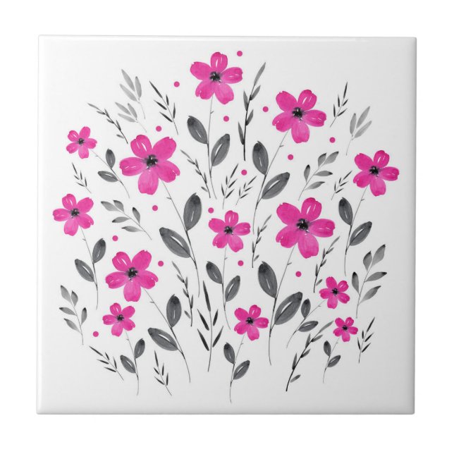 Hot Pink Grau Fünf-Petal-Aquarell Blumenmotiv Fliese (Vorderseite)