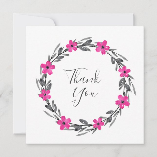 Hot Pink Grau Schwarz Wasserfarbe Blumenreath Dankeskarte (Vorderseite)