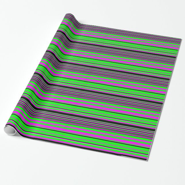 Hot Pink Green Black Colorful Stripe Muster Geschenkpapier (Ungerollt)