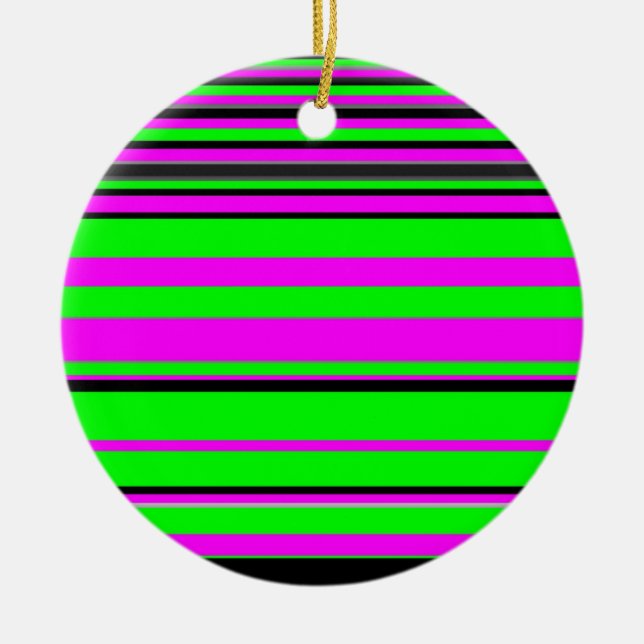 Hot Pink Green Black Colorful Stripe Muster Keramikornament (Vorne)