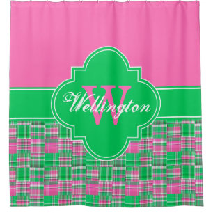 Hot Pink Green Madras Kariert 1I CB Ribbon Name Duschvorhang