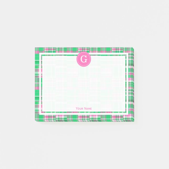 Hot Pink Green Patchwork Madras Kariert 1IR Gerahm Post-it Klebezettel (Vorderseite)