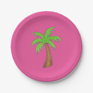 Hot Pink Green Tropical Island Beach Palm Tree Pappteller