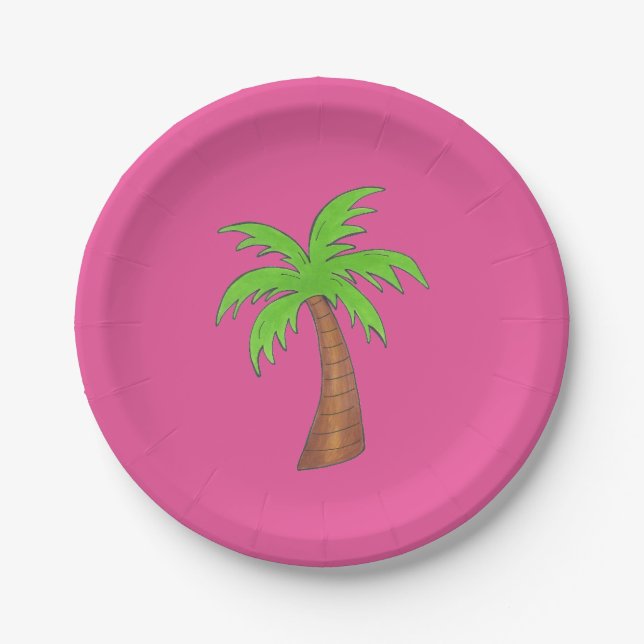 Hot Pink Green Tropical Island Beach Palm Tree Pappteller (Vorderseite)