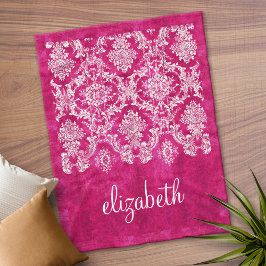 Hot Pink Grunge Damask Muster Name Fleecedecke