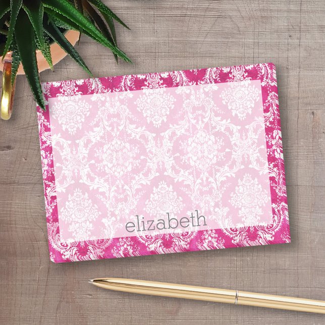 Hot Pink Grunge Damask Muster Post-it Klebezettel (Personalized Post-it notes - add your name and other text)