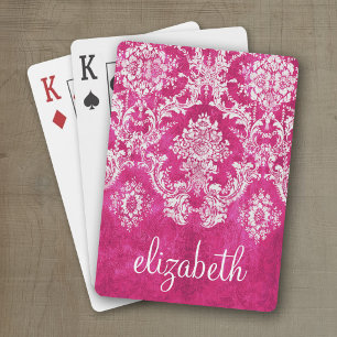 Hot Pink Grunge Damask Pattern Custom Text Spielkarten